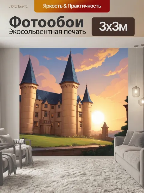 Фотообои стены бежевого замка на фоне заката, отражая warm color palette солнца в окнах
