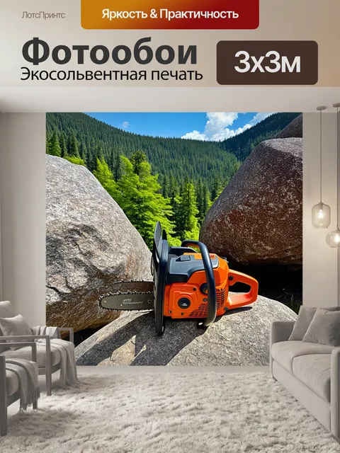 Фотообои бензопила на фоне пейзажа с массивными скалами и зеленым лесом, отражающим силу природы