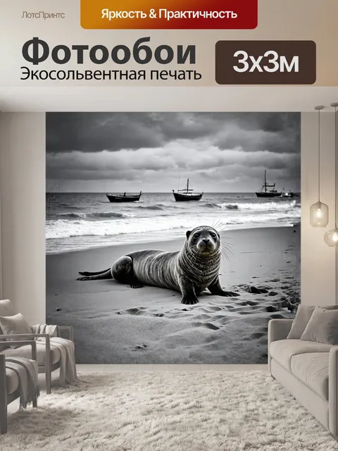 Фотообои тюлень, лежащий на песчаном пляже, с лодками вдали и начинающимися потоками прилива, которые омывают его кожу