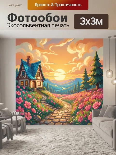 Фотообои Сказочный домик в цветущей долине