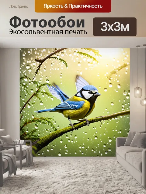 Фотообои лазоревка, сидящая на утренней росе, освещена мягким солнечным светом, который сквозит через листву