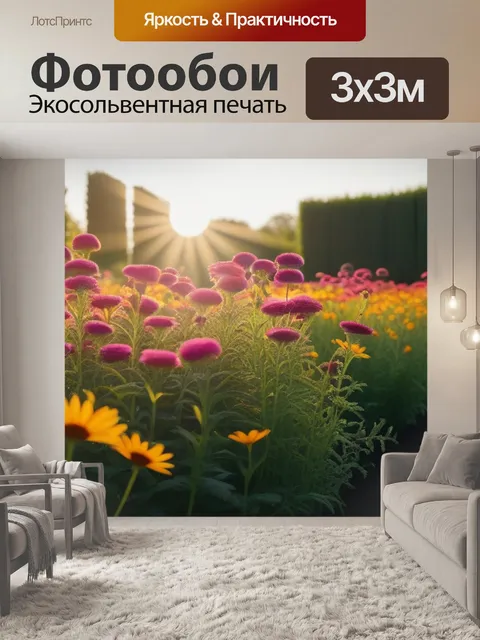 Фотообои солнце, восходящее над цветами в саду