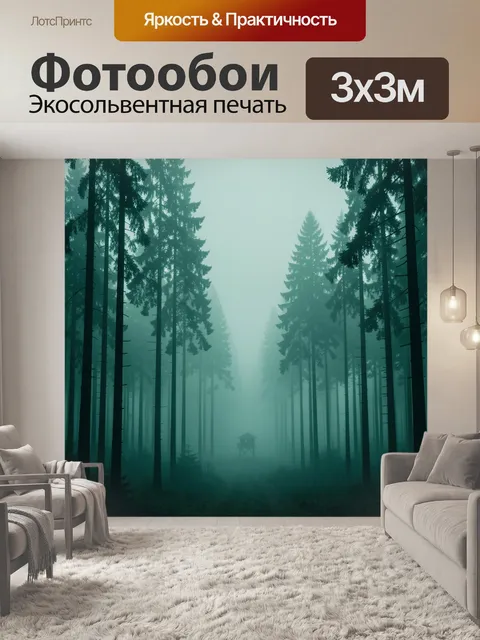 Фотообои Туманный лес с высокими елями