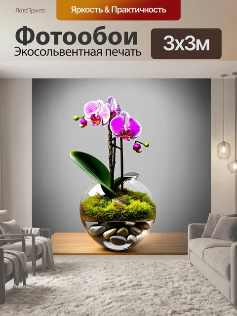 Фотообои орхидея, размещенная в стеклянной вазе, с зеленым мхом и камнями