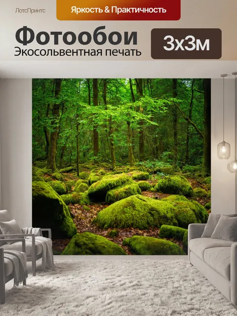 Фотообои лес с мшистыми камнями, густая зелень, тенистые поляны, атмосферное спокойствие