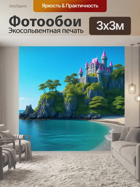 Фотообои замок на острове, принцесса мечтает на берегу