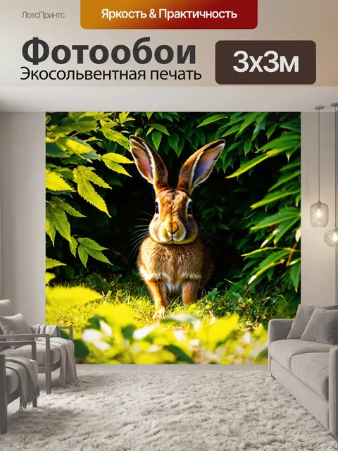 Фотообои коричневый заяц, прячущийся в кустах, с солнечными лучами, пробивающимися сквозь листву