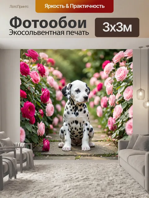 Фотообои Далматинец среди розовых роз