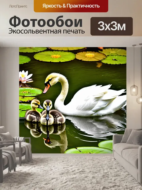 Фотообои лебедь, нежно ухаживающий за своими птенцами, плавающими среди цветущих водорослей и кувшинок на берегу пруда