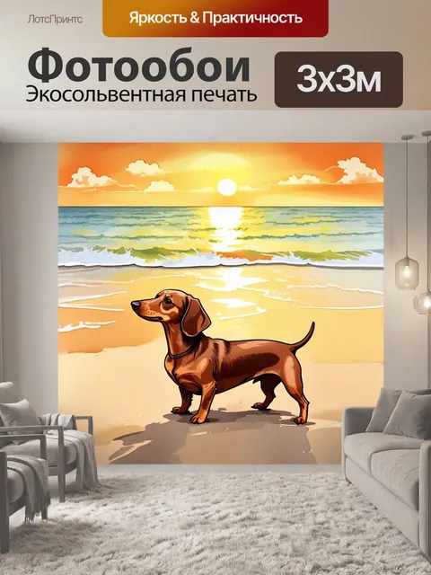 Фотообои длинношерстная такса на берегу моря, её шерсть развевается на ветру, а вдали виднеется непротяжный горизонт