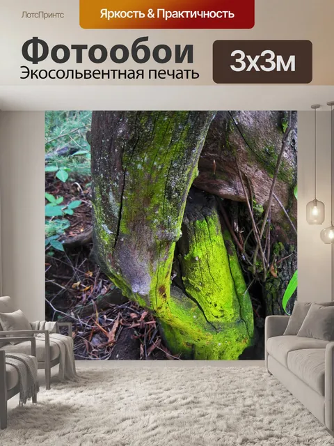 Фотообои ярко-зеленый мох на старом стволе дерева