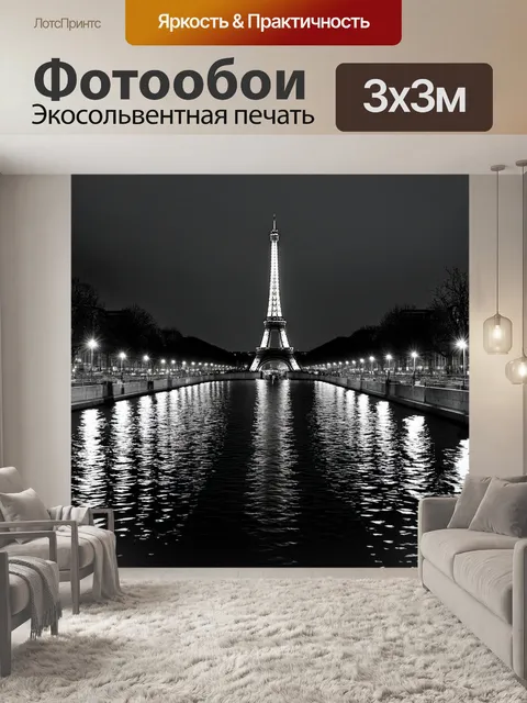 Фотообои ночной париж, отражающийся в воде, где каждая звезда сверкает, реализованный в черно-белой фотографии
