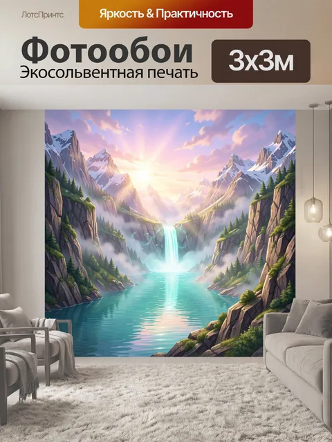 Фотообои Сказочная горная долина с водопадом