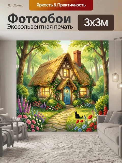 Фотообои Сказочный домик в цветущем лесу