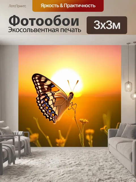 Фотообои бабочка, изображающая бабочку во время захода солнца, когда яркие цвета соединяются, создавая великолепный…