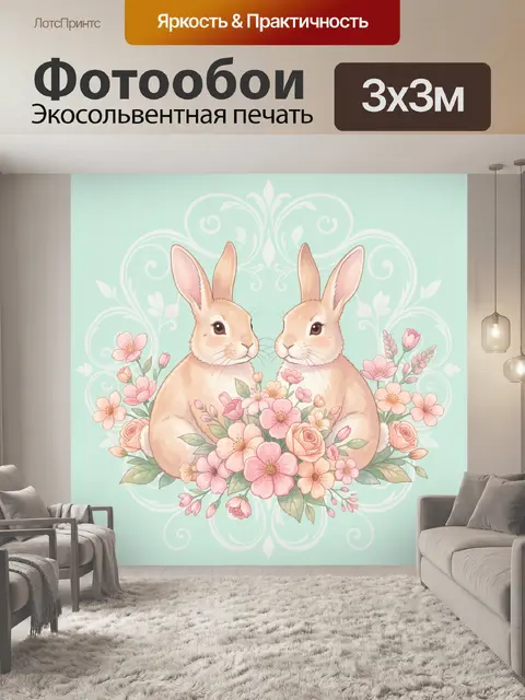 Фотообои Два кролика среди весенних цветов