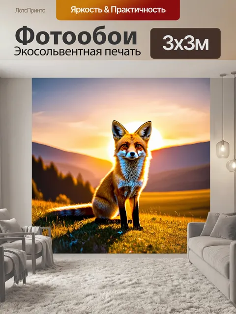 Фотообои животные в стиле двойная экспозиция, показывающие лису, сидящую на фоне заката над живописной долиной