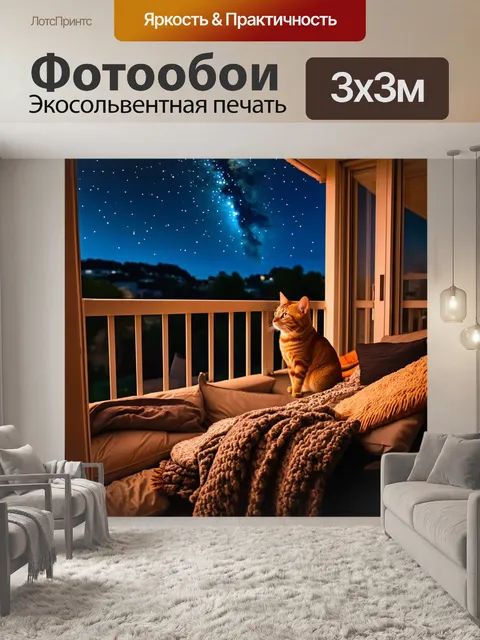 Фотообои с кошкой, наблюдающей за звездами с балкона, где разбросаны подушки и пледы, создающие атмосферу уюта и…