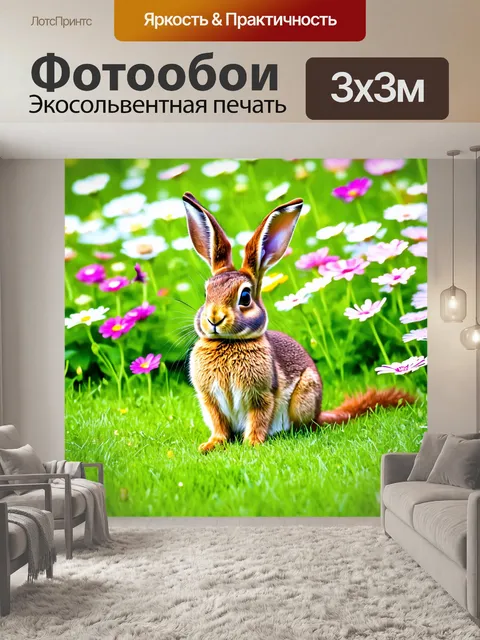 Фотообои коричневый заяц, сидящий на траве, окружённый цветами