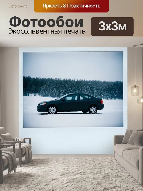 Фотообои машина в стиле полароидная фотография с автомобилем на фоне заснеженного пейзажа