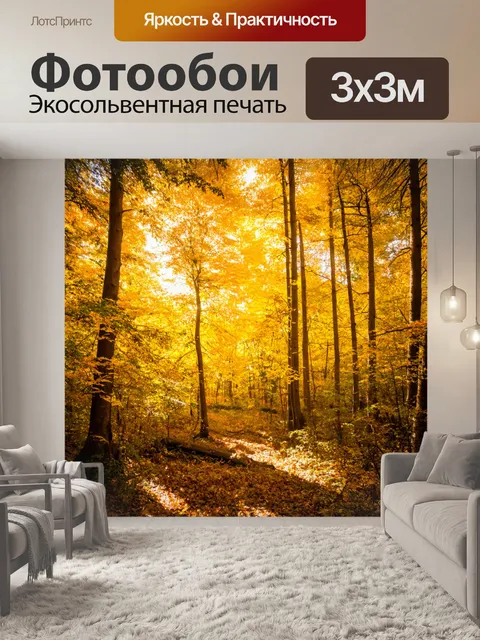 Фотообои лес с осенним золотом, освещенным ярким солнцем