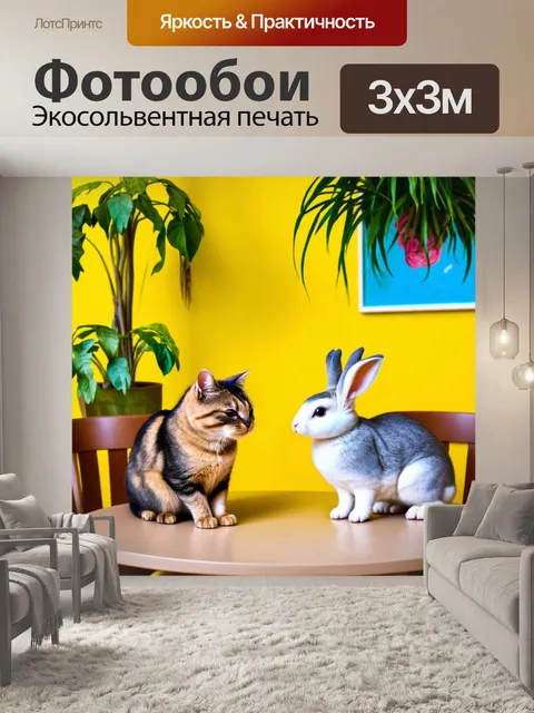 Фотообои наивные разговоры кота и кролика за столом в кафе, украшенном растениями и яркими настенными картинами