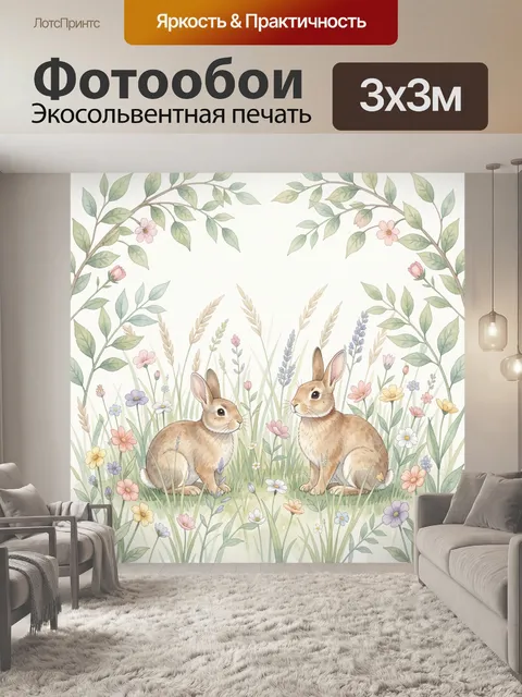 Фотообои Два зайца на цветочном лугу