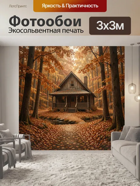 Фотообои Лесной домик среди осенних деревьев