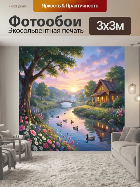 Фотообои Уютный дом у реки на закате