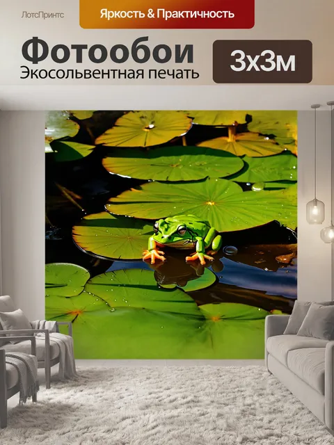 Фотообои лягушка, ярко-зеленая, сидит на большом листе лотоса, отражающемся в спокойной воде пруда