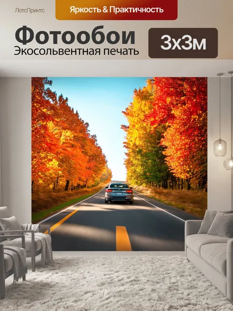 Фотообои с авто, мчащимся по трассе через оранжевые и красные осенние листья, деревья по обеим сторонам дороги…