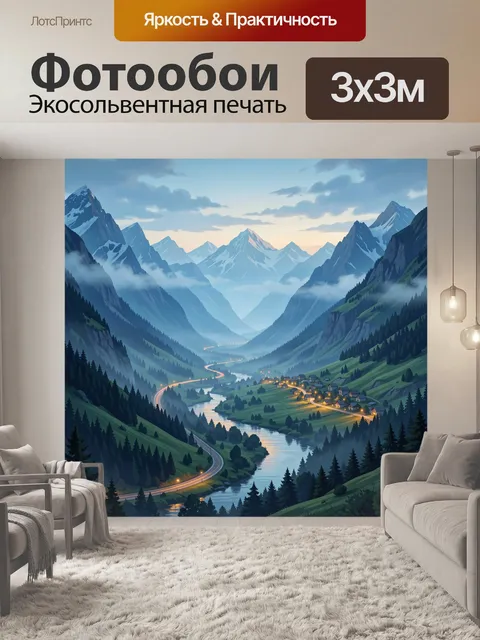 Фотообои Горная долина с рекой и огнями