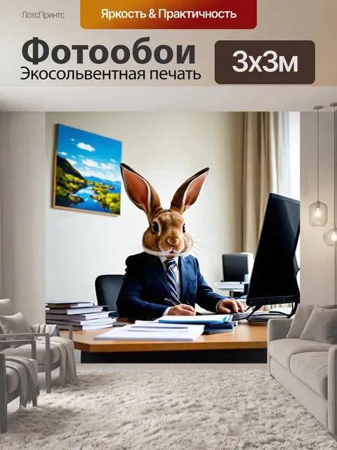 Фотообои зайчонок в офисном костюме, который сидит за столом и работает на компьютере