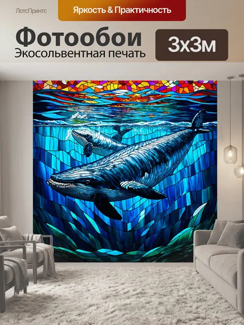 Фотообои море в стиле витраж, пара горбатых китов, плавающих в океане с цветными витражными вставками