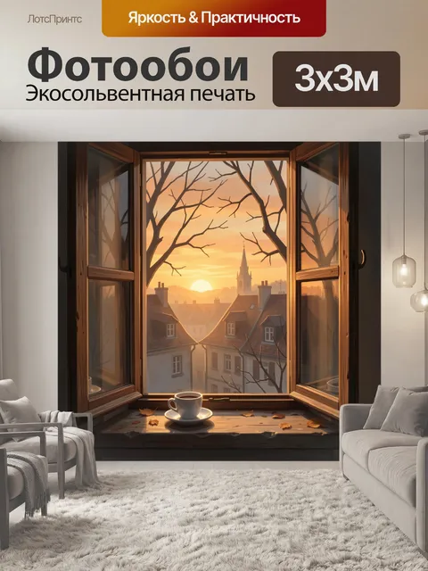 Фотообои Вид на город через окно на закате