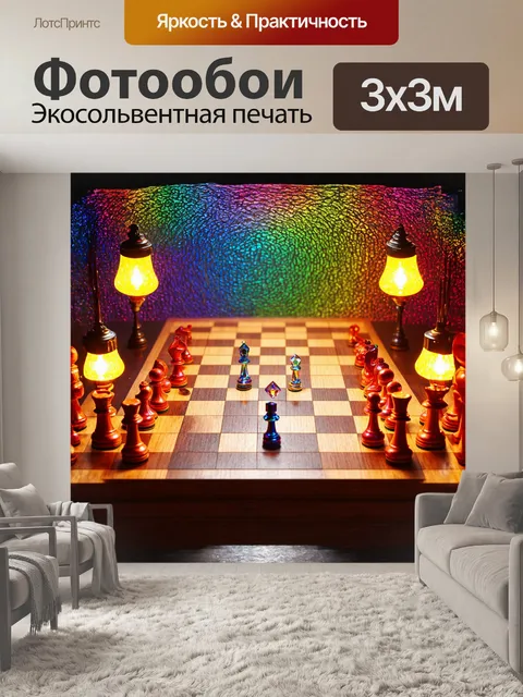 Фотообои шахматная доска, выполненная из дорогих пород дерева, сверкает под светом ярких ламп