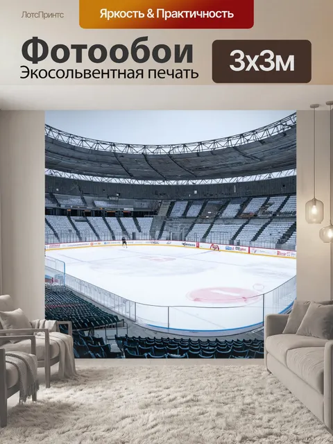 Фотообои зимний пейзаж, где хоккейный матч проходит на открытом заброшенном стадионе