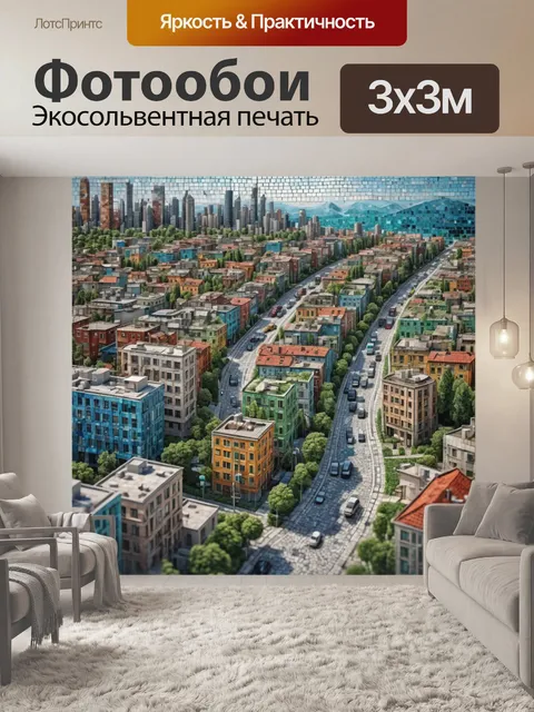 Фотообои город в стиле мозаика с фоновыми пейзажами и элементами природы, интегрированными в городскую среду