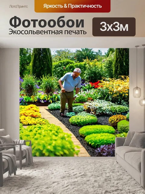 Фотообои садовник, создающий ландшафтный дизайн для сада, стиль традиционной живописи, мягкие формы и яркие цвета…