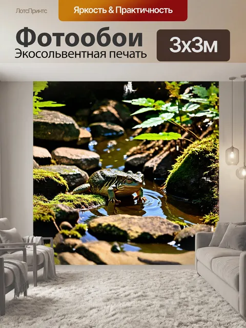 Фотообои жаба прячется среди камней возле старого заброшенного пруда
