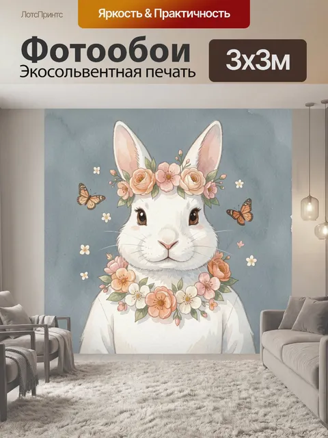 Фотообои Белый кролик в цветочном венке