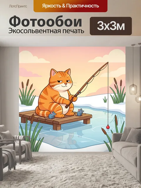 Фотообои Кот на рыбалке у пруда