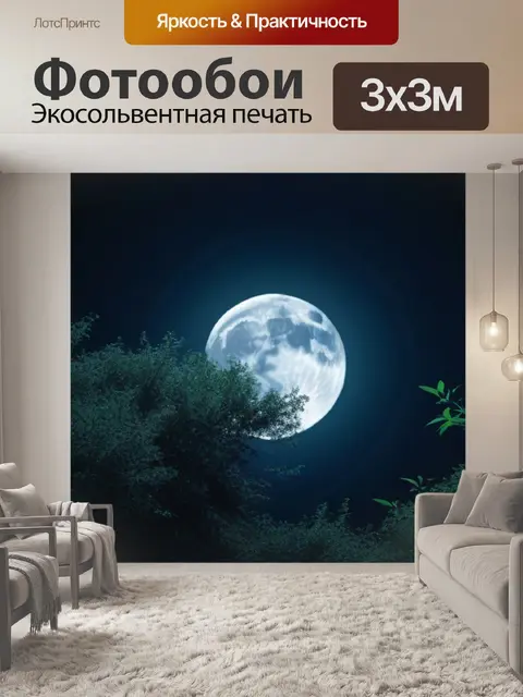 Фотообои лесная чаща ночью с полной луной