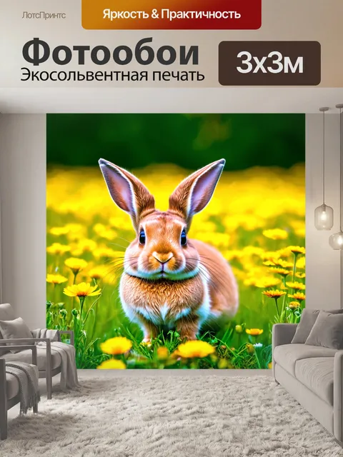 Фотообои животные в стиле минимализм с изображением зайца на фоне луговых цветов