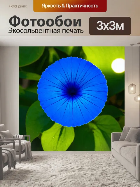 Фотообои синий цветок с ярким светом, пробивающимся сквозь листья