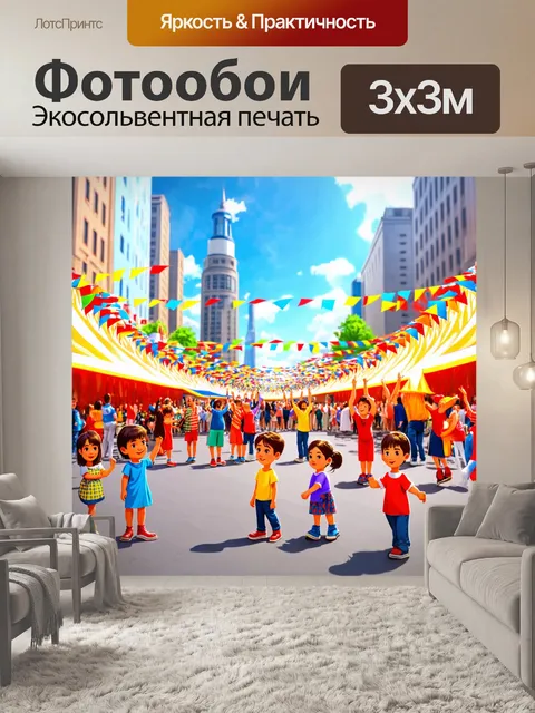Фотообои город в стиле мультяшный, праздник в центре города с яркими флажками, уличными артистами и радостными детьми