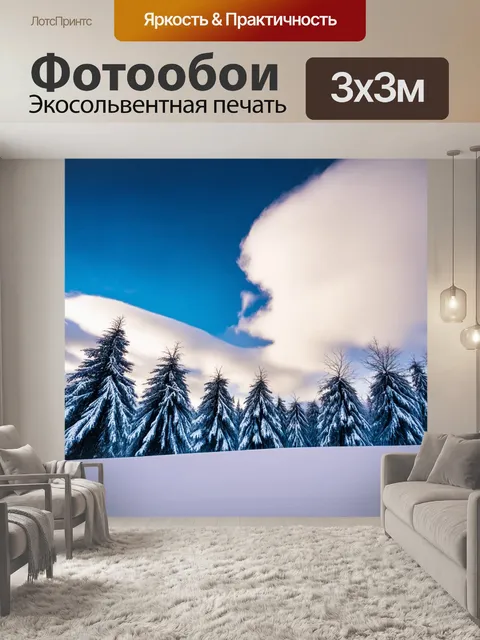 Фотообои зимний пейзаж с пухлыми облаками и заснеженными деревьями