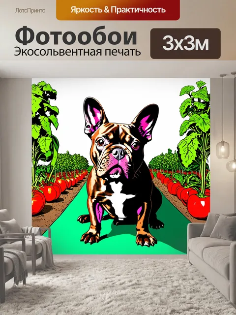 Фотообои креативный подход к изображению французского бульдога на фоне огородов с овощами с использованием поп-арт…