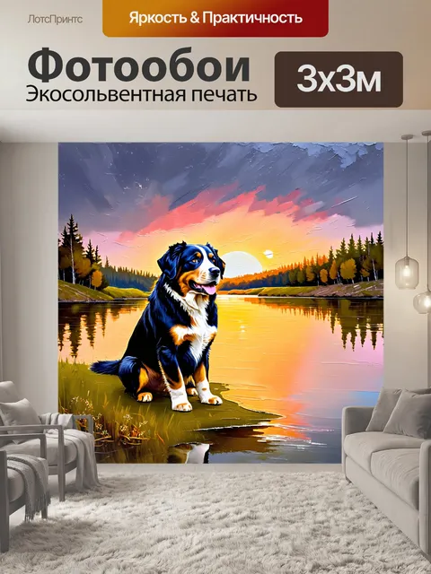 Фотообои бернский зенненхунд, спокойно сидящий на берегу озера при закате, отражения цветов неба в воде создают…