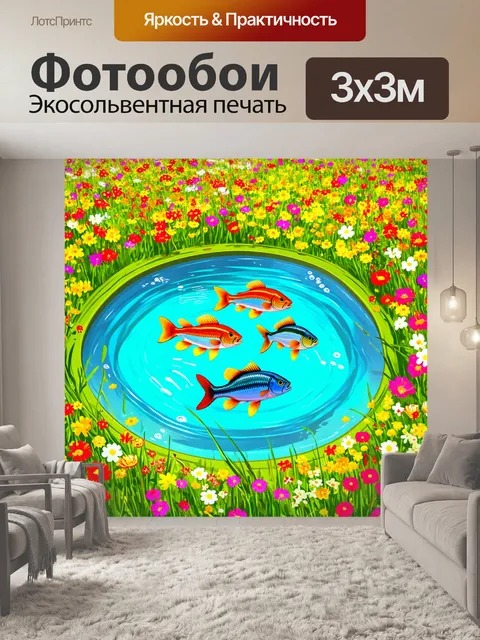 Фотообои яркий ввят цветущий луг, где рыбы выпрыгивают из пруда, окруженного цветами, изображение в стилевом поп-арт